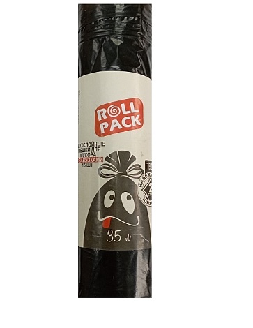 Мешки для мусора РОЛЛ ПАК  с ЗАВЯЗКАМИ ПВД 35л 20 мкр, 15шт/рулон